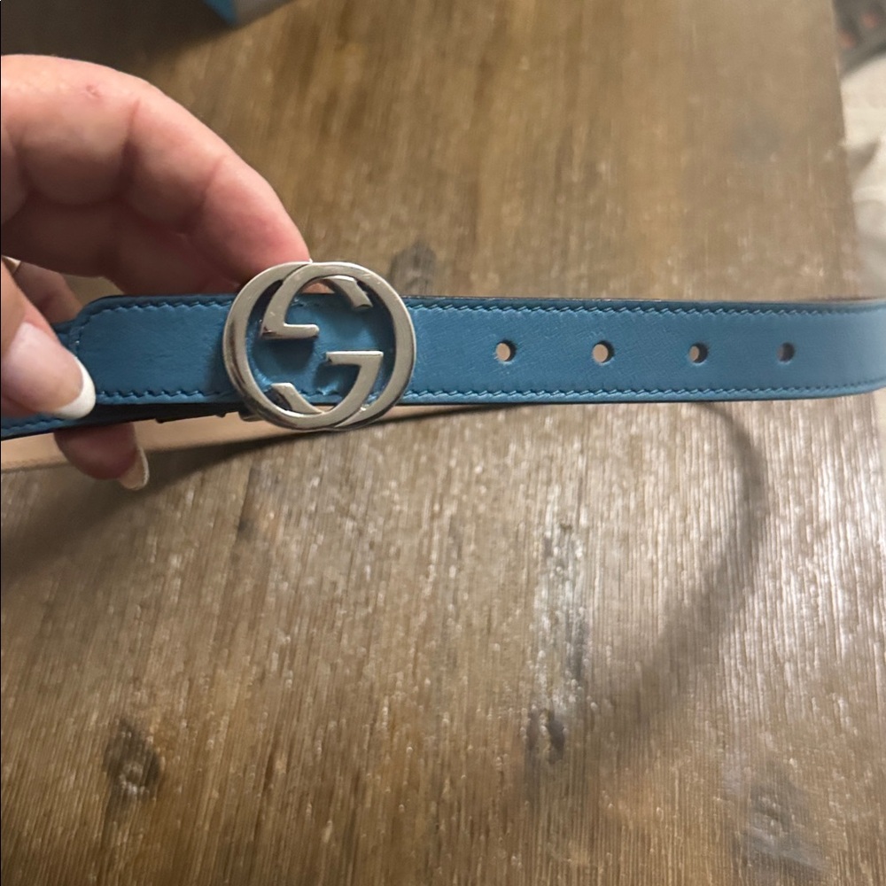 Blue Leather Belt with Silver Logo Buckle